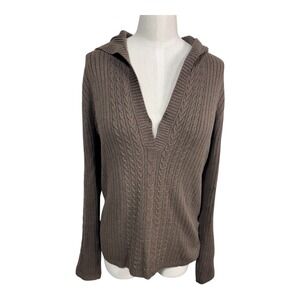 Old Navy‎ Y2K Brown Cable Knit Hooded Pullover Sweater Ribbed Cotton Blend Large